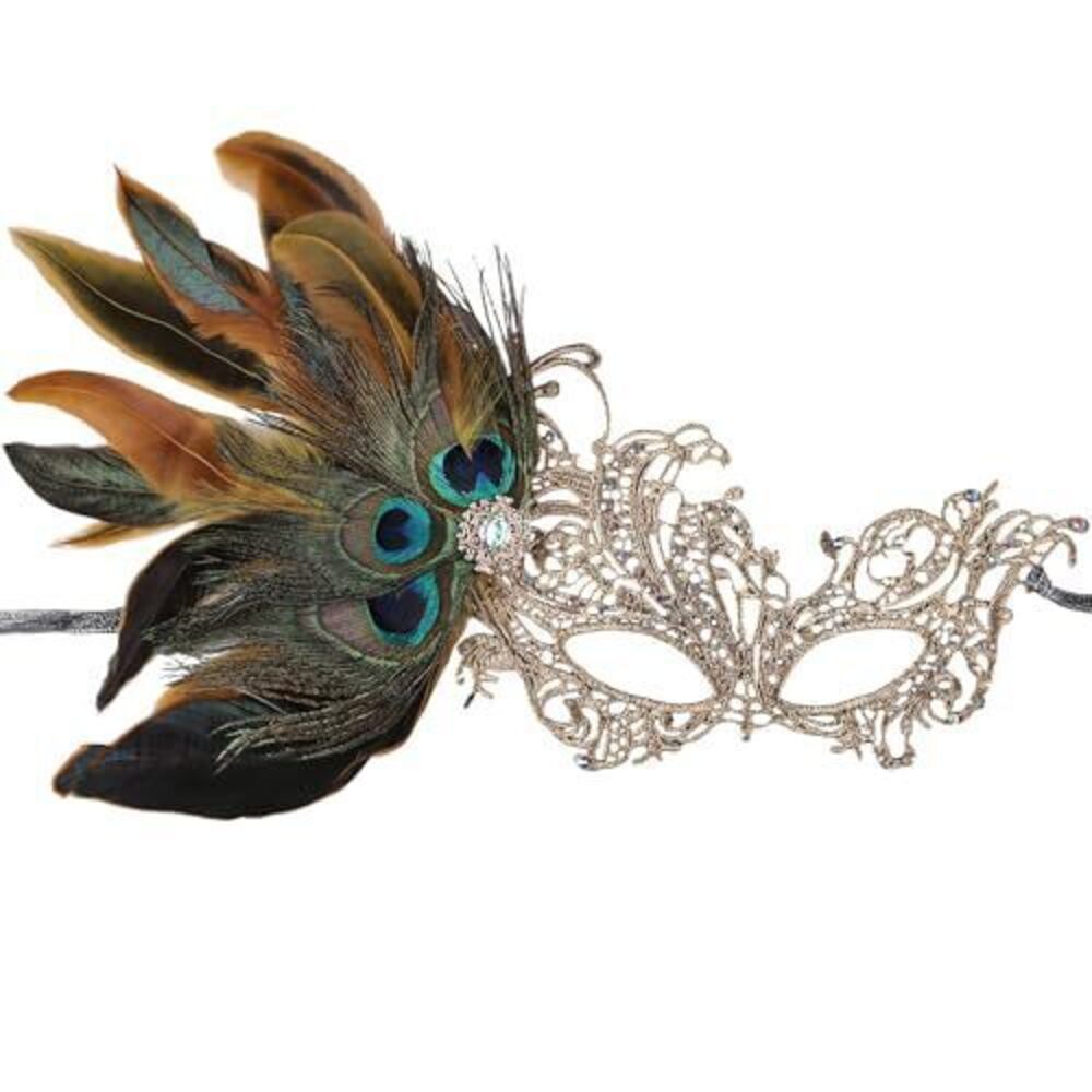 5570 Gold Masquerade Masks - Handmade Peacock Feather Lace Mask 1950s